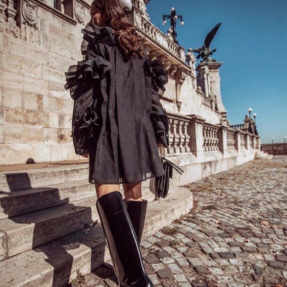 H&M STUDIO COLLECTION FLOUNCE RUFFLE WAVE  MINI COCKTAIL LITTLE BLACK DRESS - Picture 2 of 15